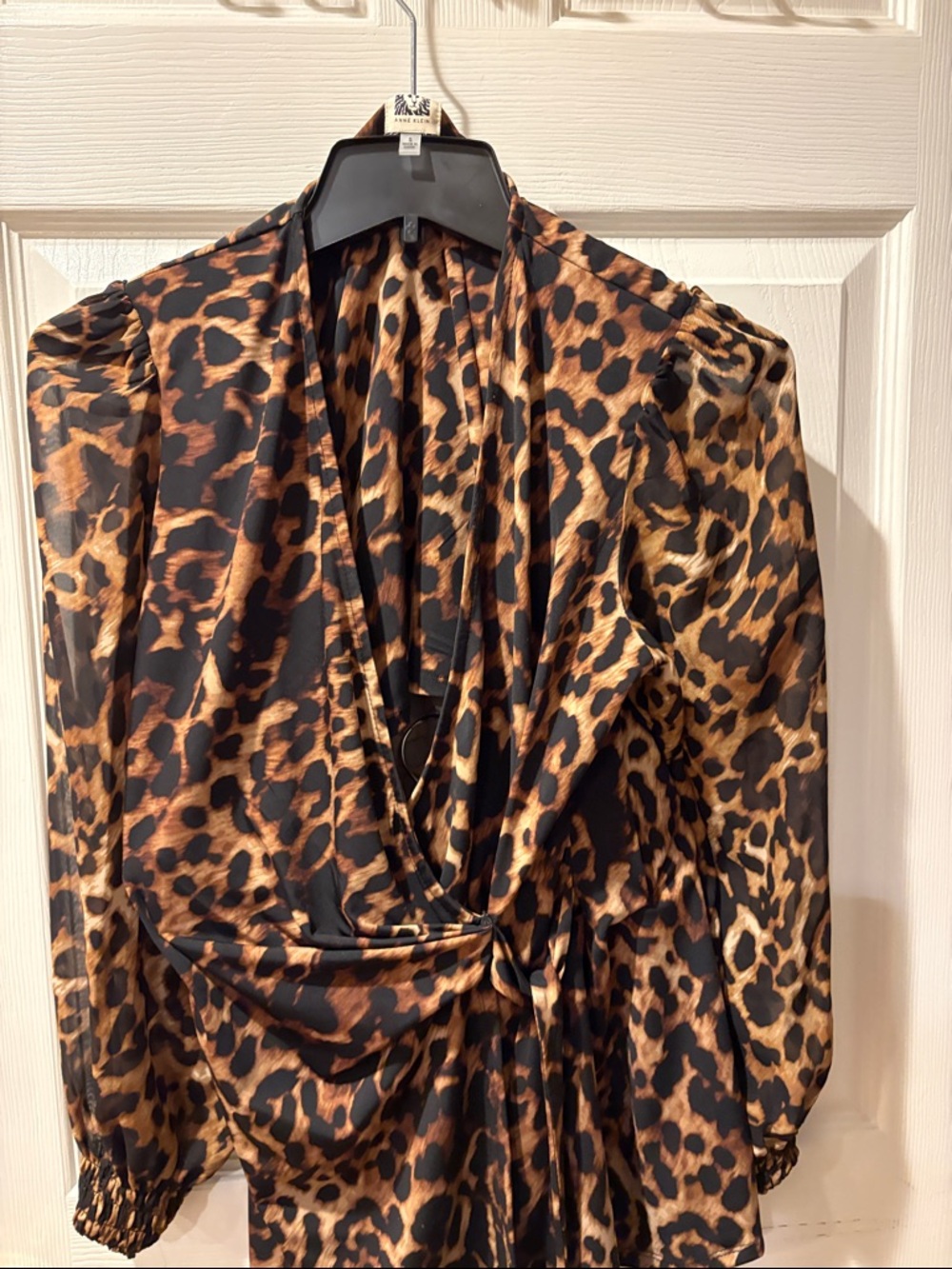 Anne Klein Leopard Print Wrap Blouse in Black and Brown